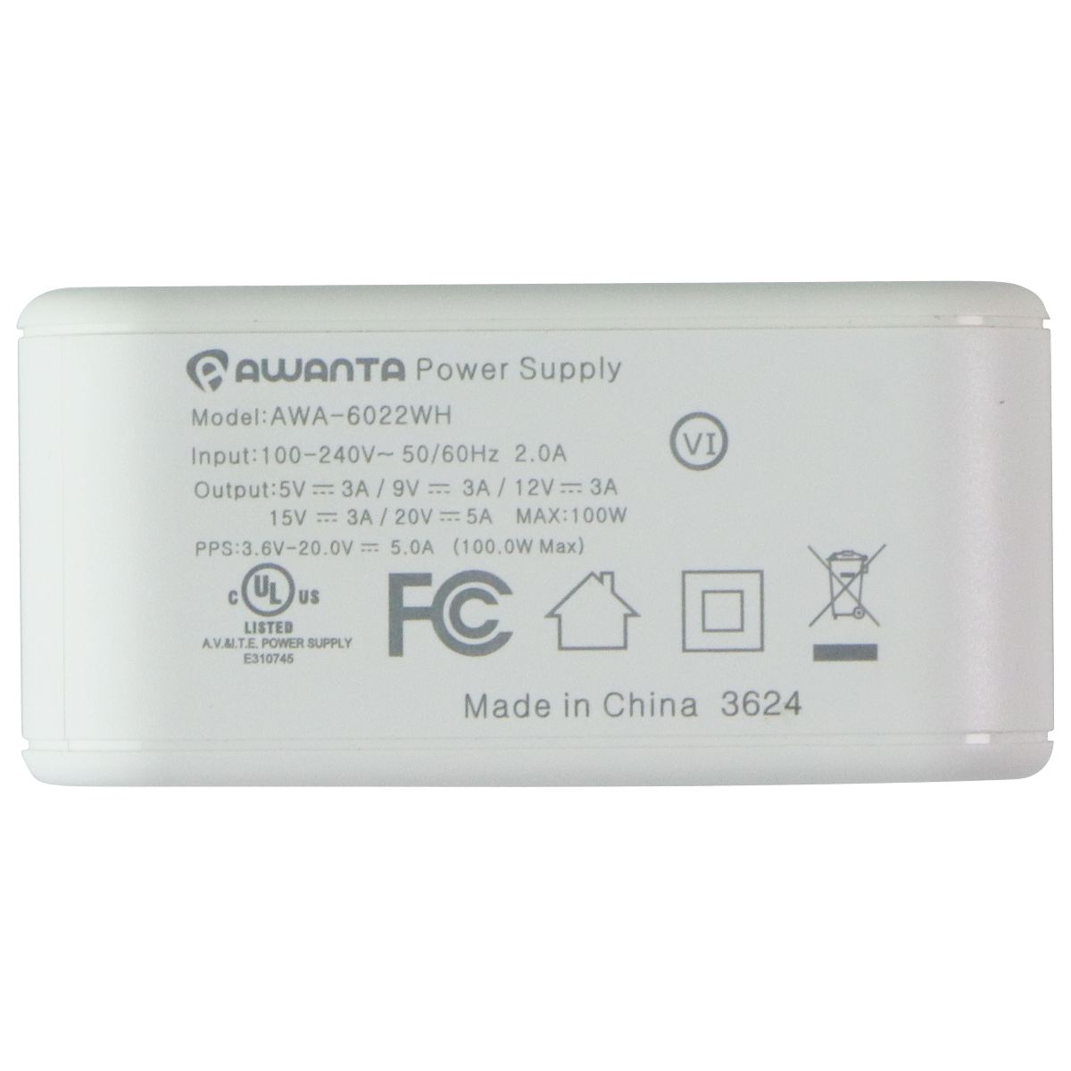 AWANTA (100W) Single Port USB-C GaN Wall Charger - White (AWA-6022WH)