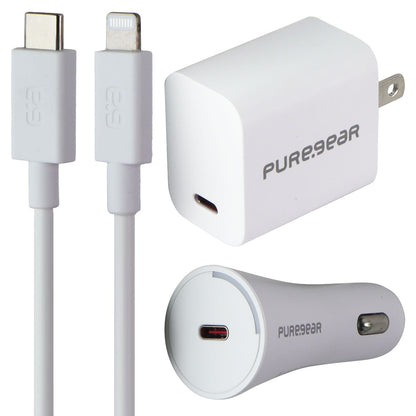 PureGear 20W USB-C Wall & Car Charger w/ USB-C to Lightning 8-Pin Cable - White