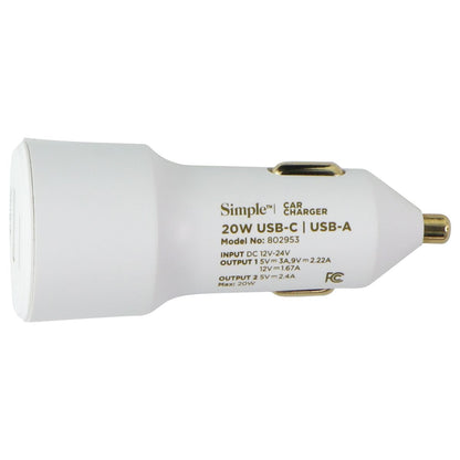 Simple Power Series 20W Dual Port USB-C & USB-A Car Charger - White
