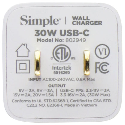 Simple Power Series 30W USB-C Mini Wall Charger - White